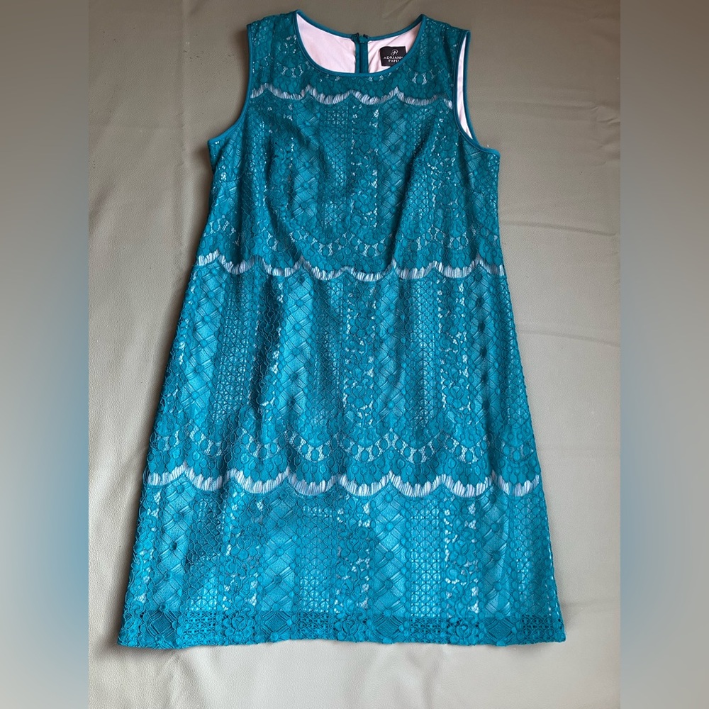 Adrianna Papell Teal Lace Scallop Mini Shift Dress Sleeveless Size 12